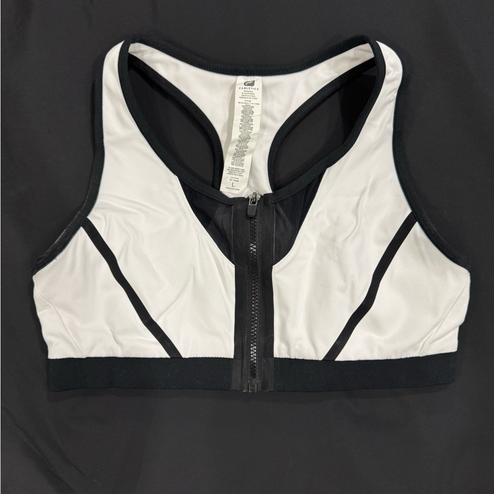 Fabletics White and Black Zip Up Front Sports Bra
